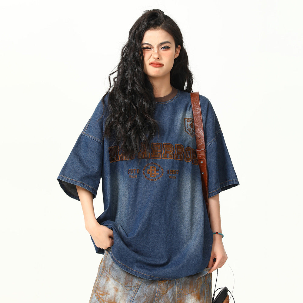 美式復古重工刺繡水洗牛仔短袖T恤女寬鬆夏半袖情侶上衣