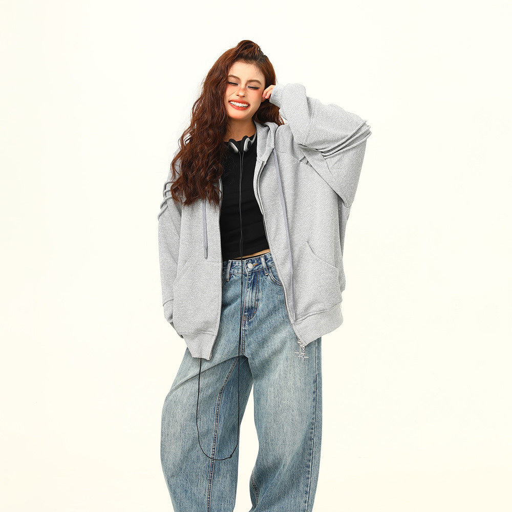 早秋衛衣外套小眾高級感拉鏈外套寬鬆灰色慵懶情侶上衣