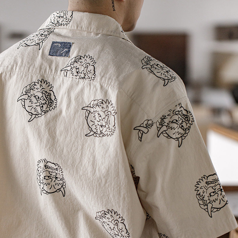 馬登工裝 建禦雷神印花襯衫純棉麻感寬松短袖襯衣