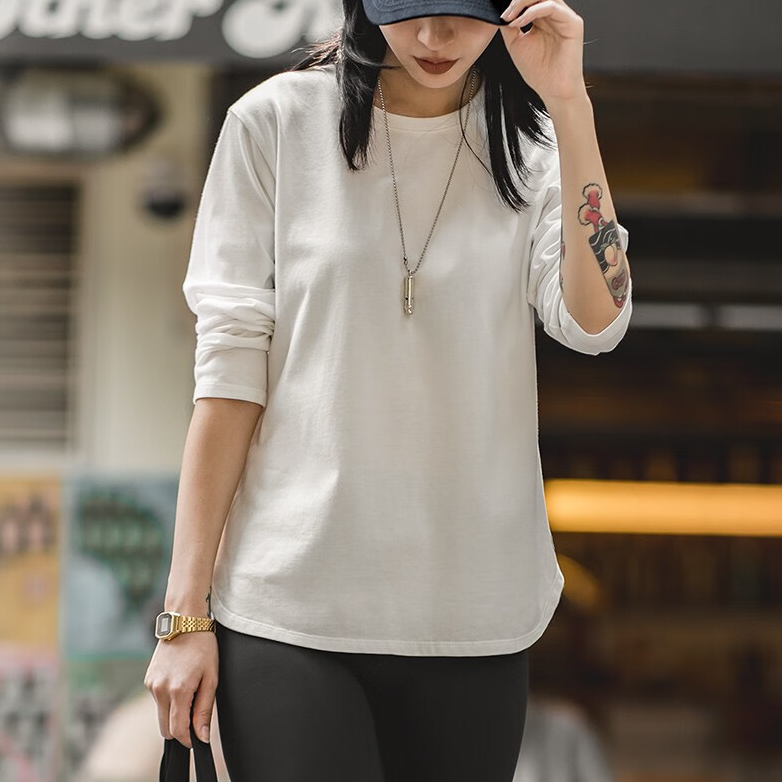 馬登女裝 雙紗純棉重磅長袖T恤春秋圓領衛衣基礎款打底衫