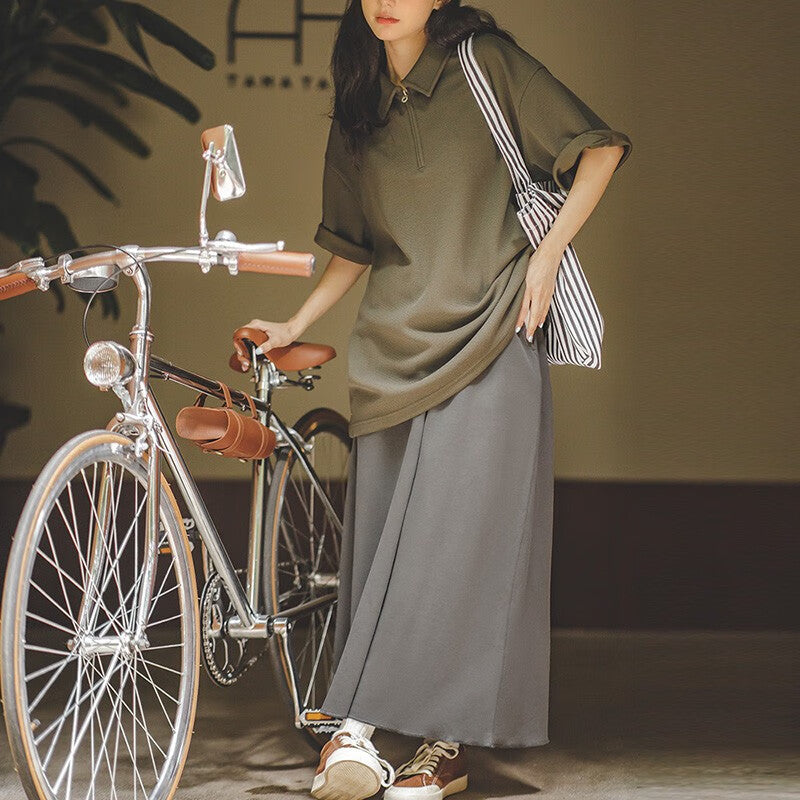 馬登女裝 復古抽繩高腰A字半身長裙休閒慵懶風衛衣裙