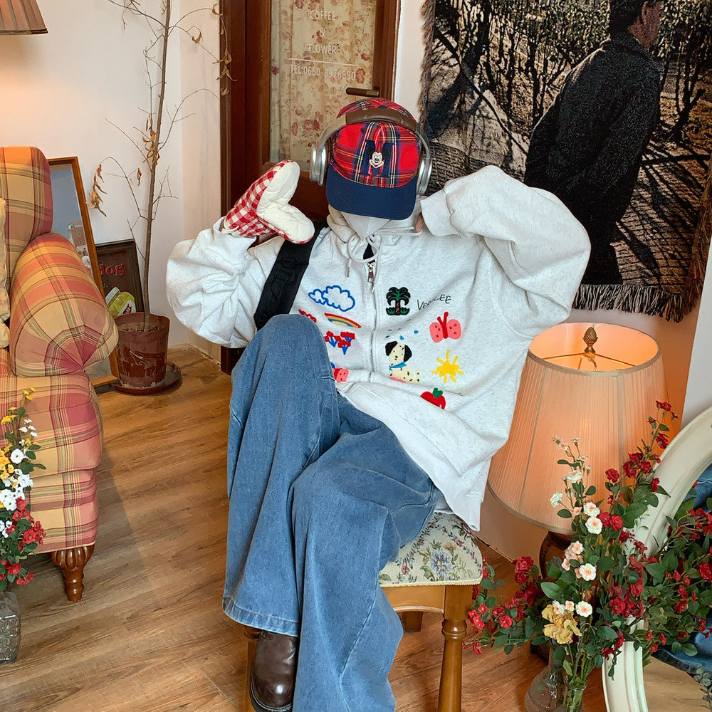 美式復古卡通毛巾繡拉鍊外套秋季休閒寬鬆連帽衛衣開衫外套