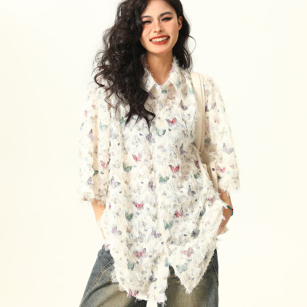 夏季新款蝴蝶流蘇設計感短袖襯衫女個性小眾寬鬆襯衣