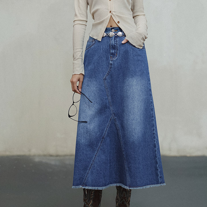 馬登女裝 水洗藍解構牛仔裙遮胯顯瘦A字復古長款半裙設計感半身長裙