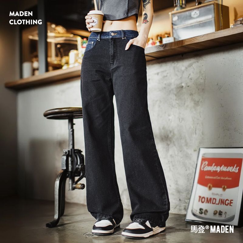 馬登女裝 美式拼色工裝牛仔褲水洗丹寧收腰微喇褲子闊腿長褲