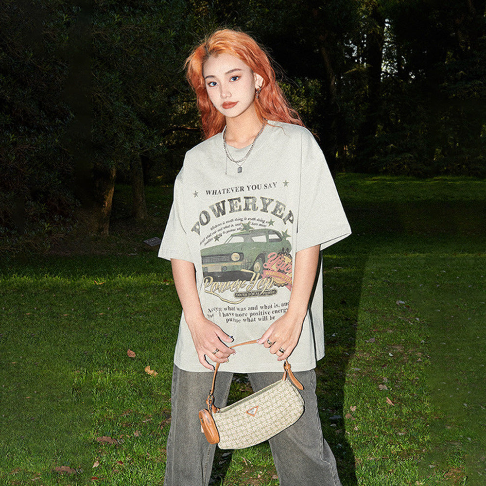 美式復古牛油果綠純棉短袖T恤女小眾半袖寬鬆Oversize情侶上衣