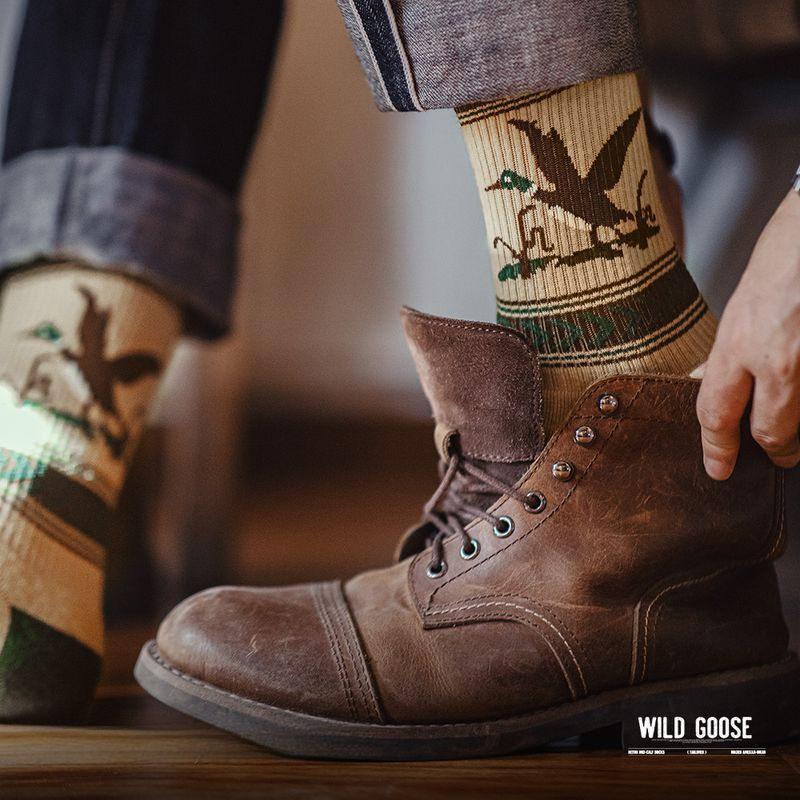 馬登工裝 復古卡通撞色針織中筒襪彈力毛圈棉襪透氣耐磨長襪子秋冬