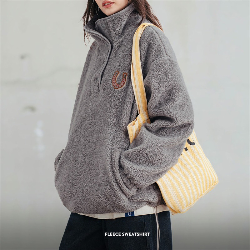 馬登女裝 美式加絨衛衣半開襟搖粒絨保暖外套抓絨套頭長袖衫秋冬