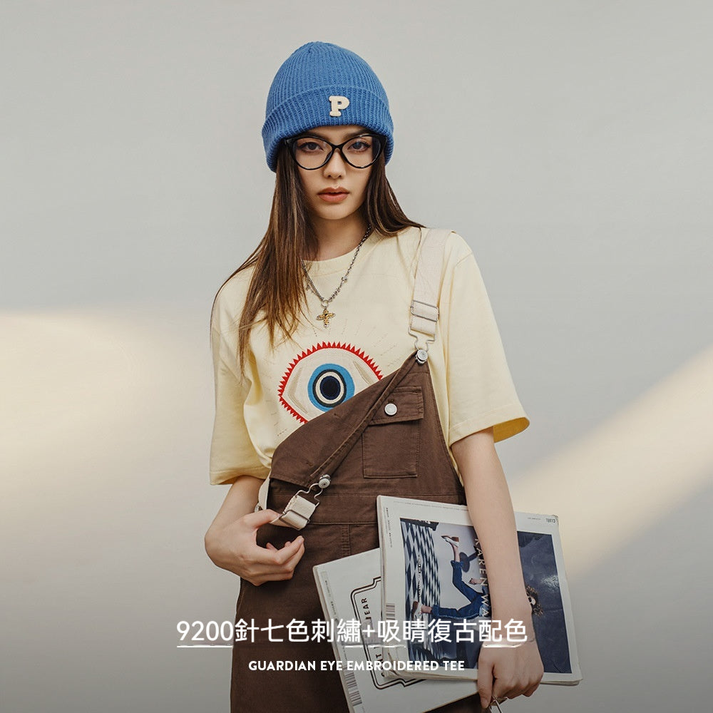 馬登女裝 美式復古守護之眼刺繡T恤純棉寬鬆短袖T恤Oversize上衣