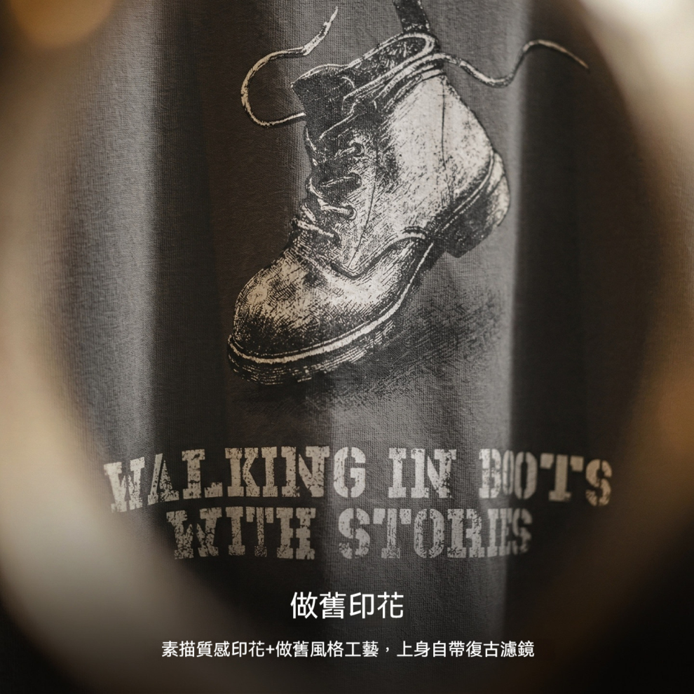 馬登工裝 美式復古印花做舊T恤圓領套頭寬鬆灰色磨毛短袖衫男士夏