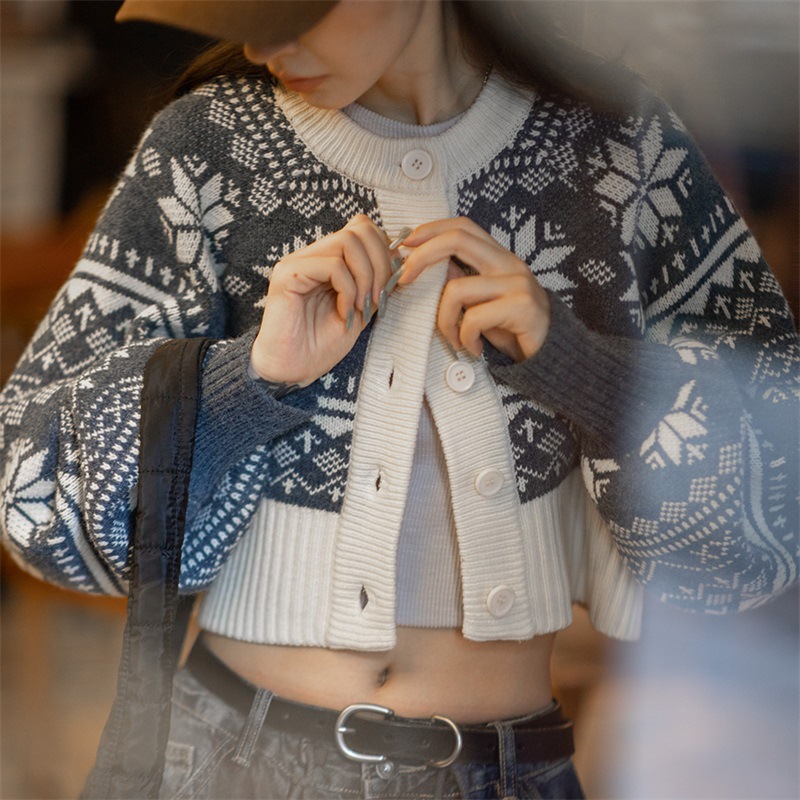 馬登女裝 美式休閒提花針織開衫圓領短款毛衣外套女秋冬