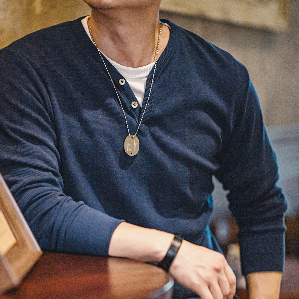 馬登工裝 美式復古重磅亨利衫修身硬漢風純色休閒長袖T卹