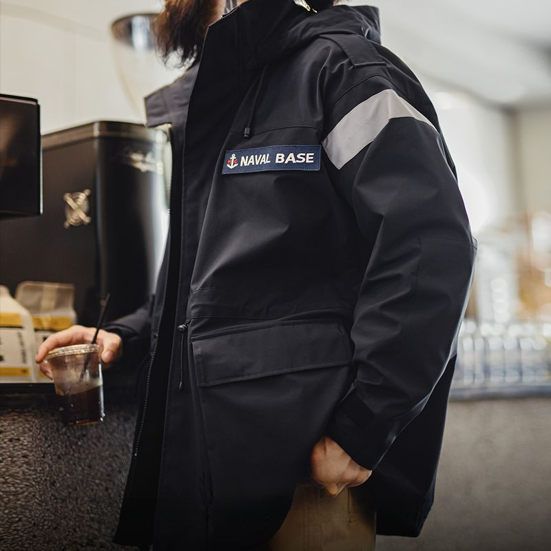 馬登工裝 美式復古中長款海軍派克風衣寬鬆防風連帽夾克外套男秋冬