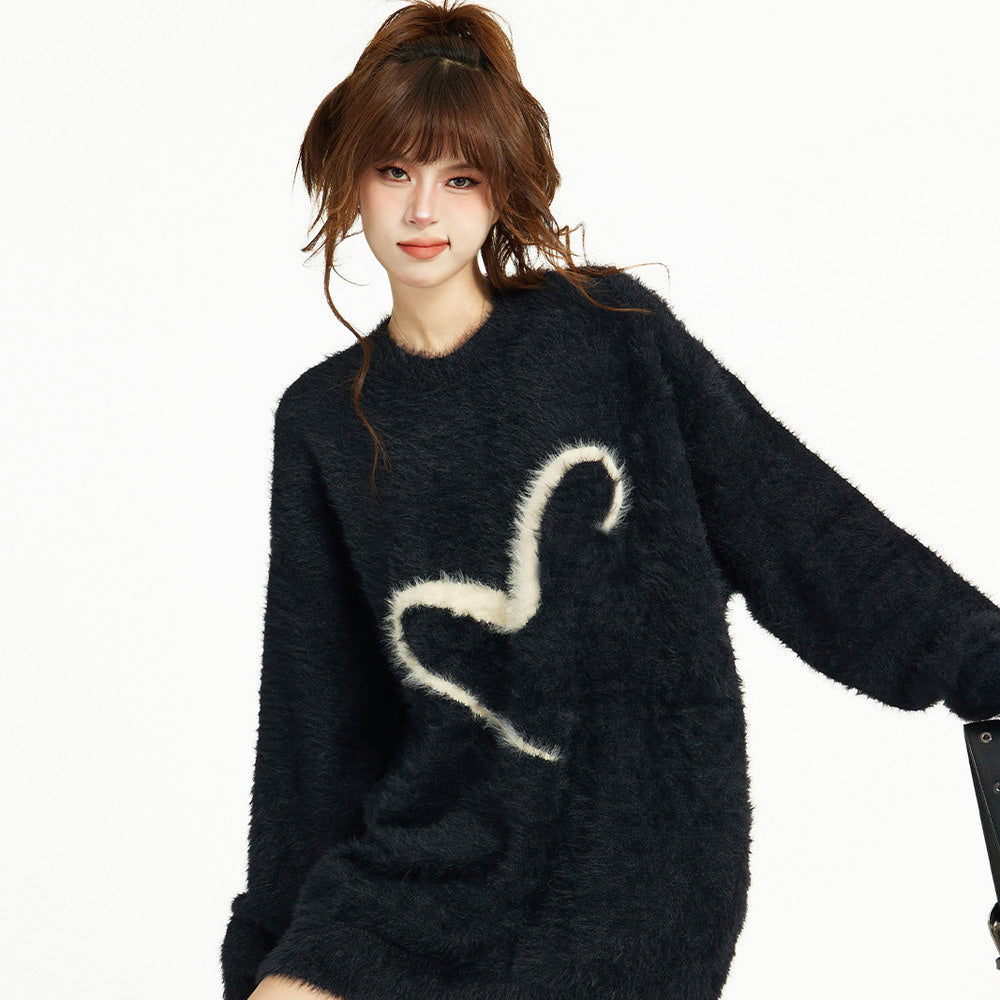 黑色套頭毛衣秋冬季寬鬆慵懶風針織軟糯馬海毛加厚長款設計感毛衣