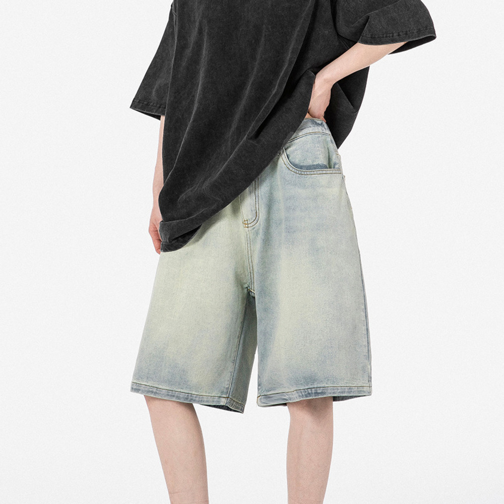 復古做舊水洗牛仔短褲女夏季寬鬆直筒顯瘦五分褲