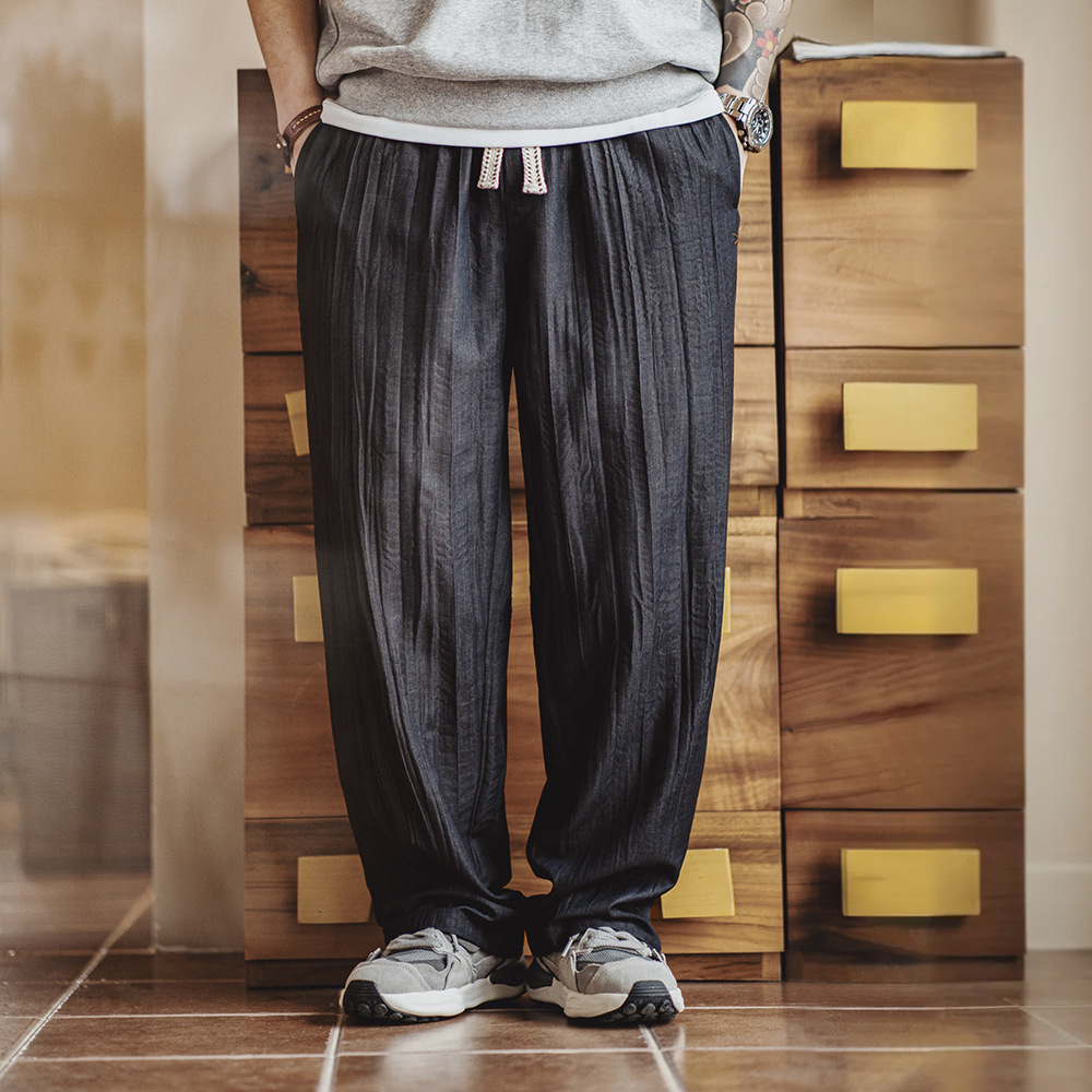 馬登工裝 美式休閒水波紋褶皺坐禪褲日系鬆弛Cityboy休閒褲男春夏