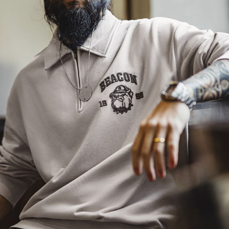 馬登工裝 美式復古立體刺繡半開襟衛衣休閒翻領套頭Polo衫上衣男春秋