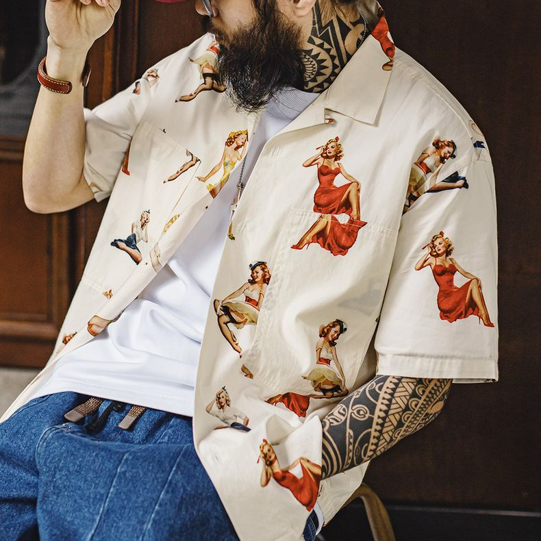 馬登工裝 美式復古滿印花古巴領襯衫夏威夷短袖沙灘襯衣外套男夏季