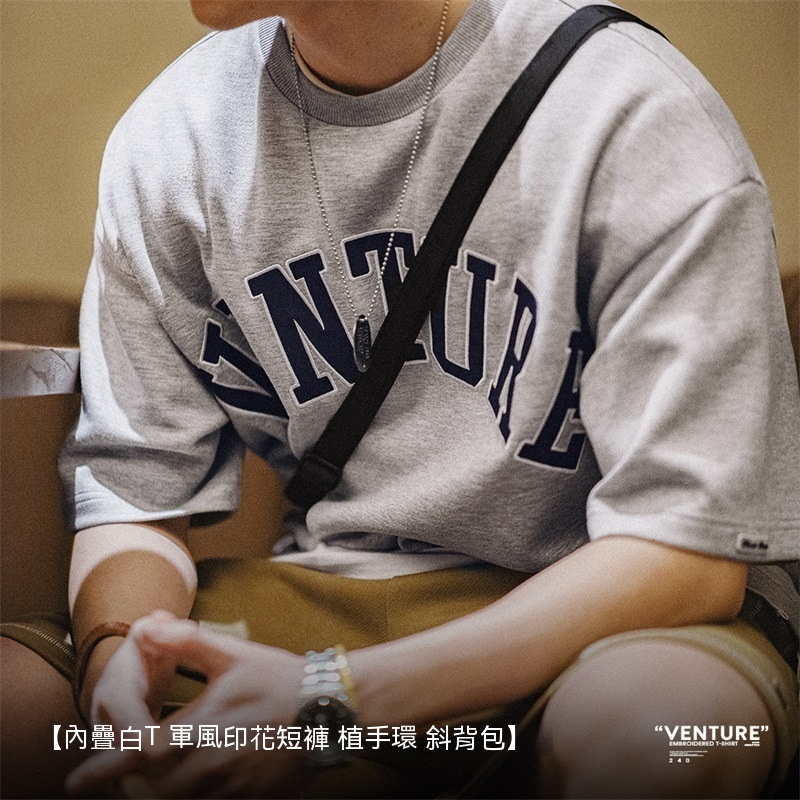 馬登工裝 空氣層字母刺繡短袖T恤潮流寬鬆重磅五分袖圓領打底衫