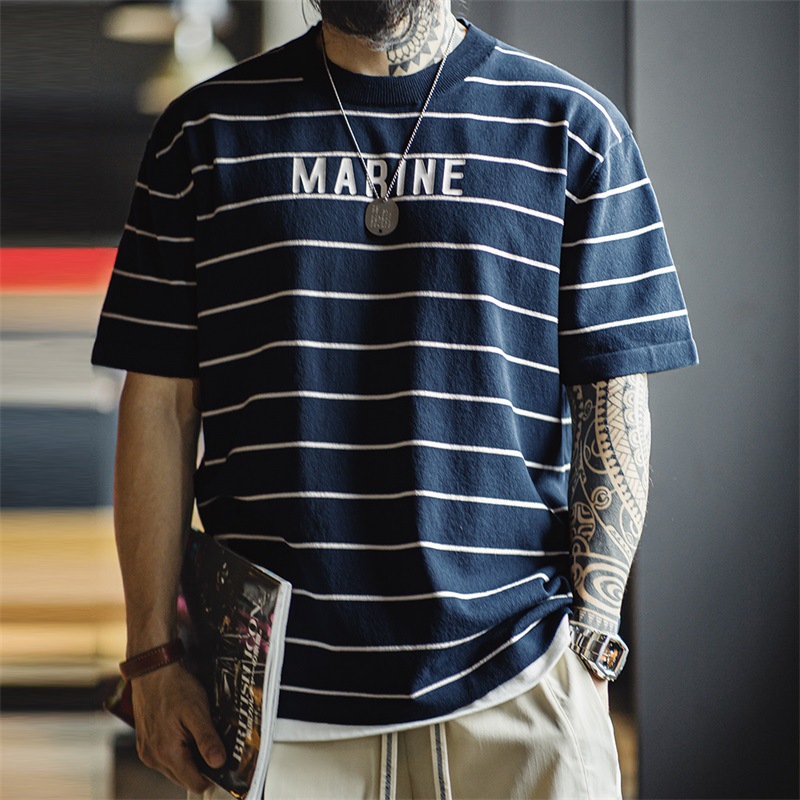 馬登工裝 美式復古撞色條紋短袖T恤字母印花海魂衫體恤男春夏