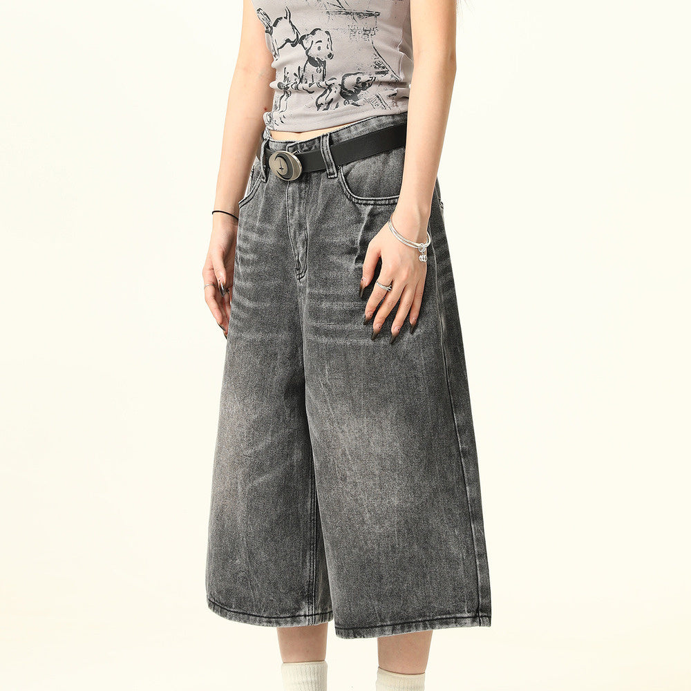 水洗做舊高街七分牛仔褲夏季復古直筒中褲閃電紋潮牌七分褲