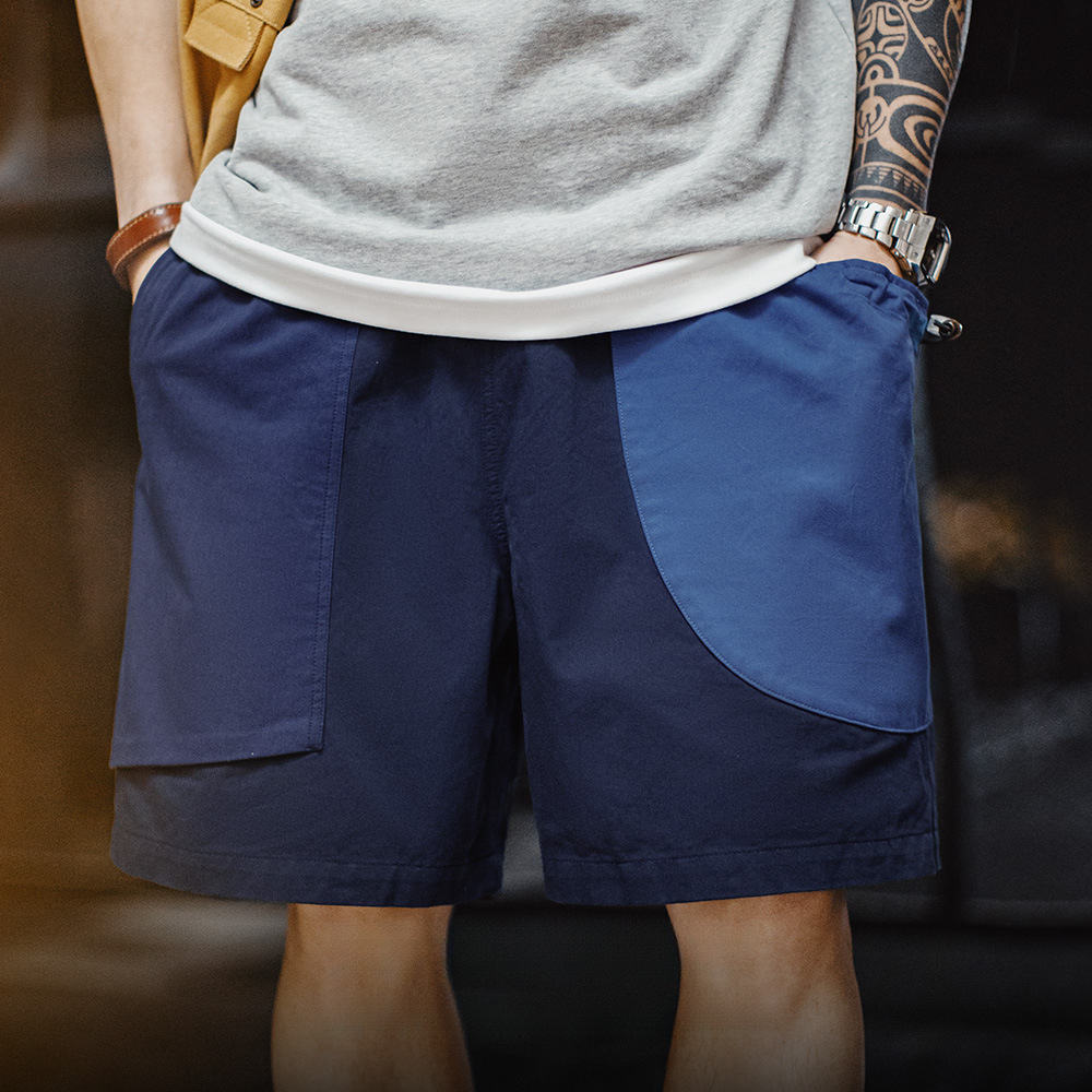 馬登工裝 美式拼接短褲日系藏青色短褲純棉少年感廓形五分褲夏季