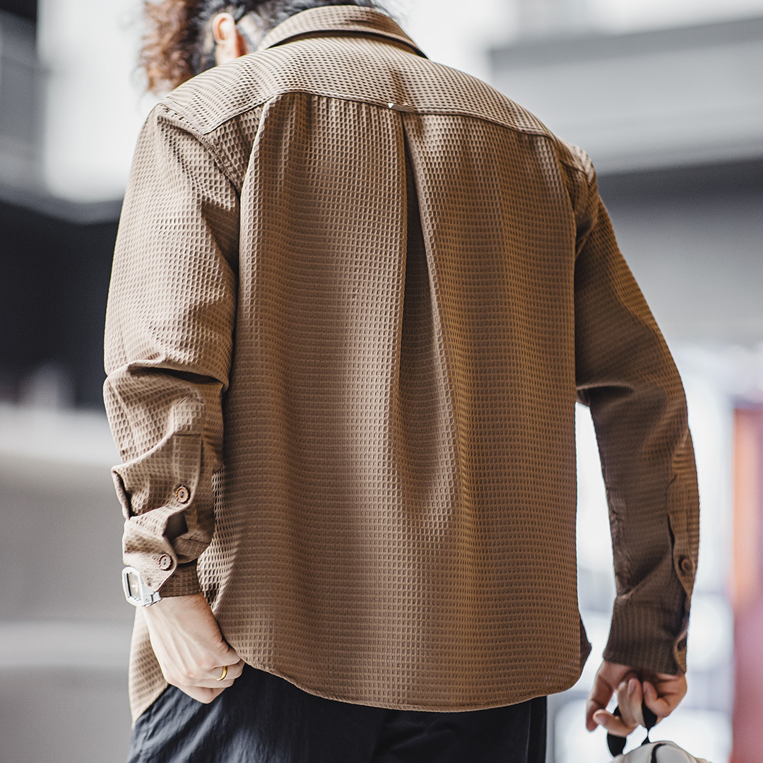 馬登工裝 美式休閒華夫格長袖襯衫梭織肌理感上衣抗皺格子襯衣