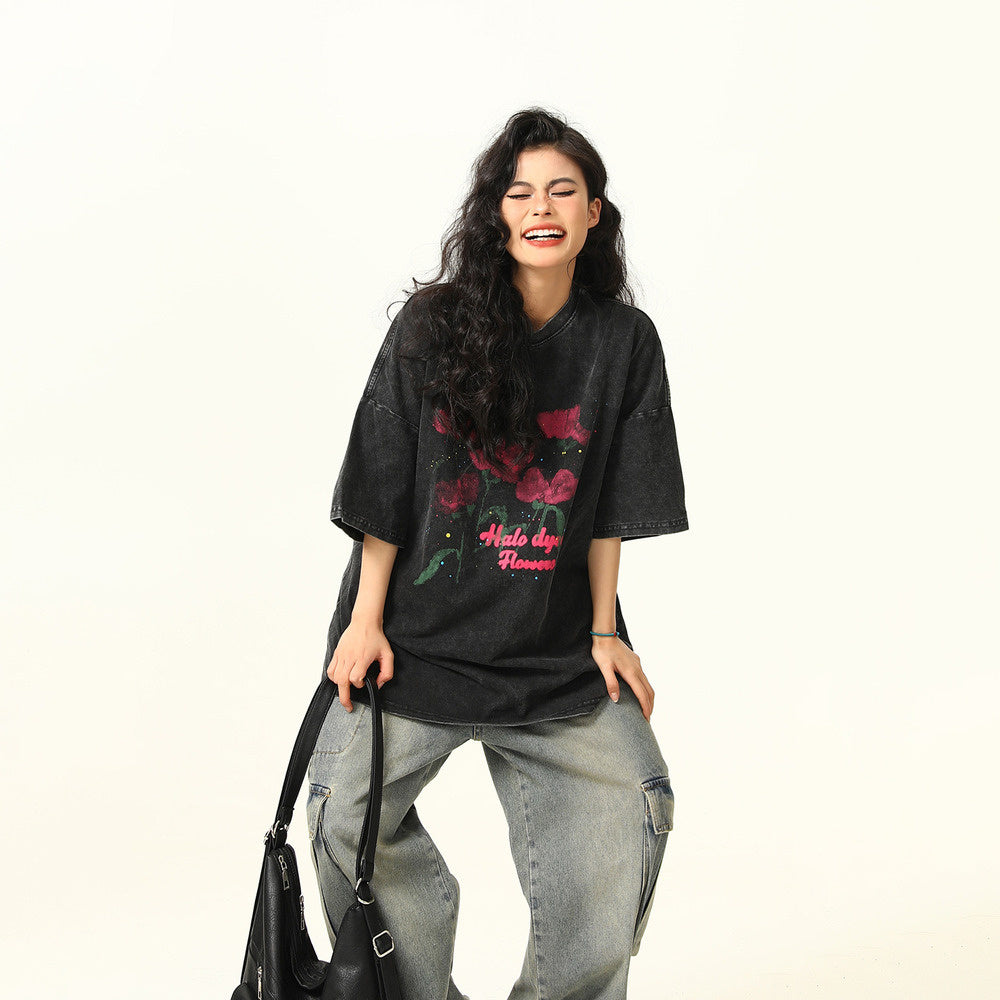 美式復古水洗做舊玫瑰印花短袖T恤女寬鬆潮牌街頭情侶上衣