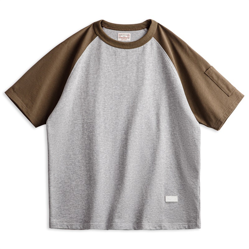 馬登工裝 美式復古插肩袖棒球衫短袖T恤撞色拼接純棉半袖體恤男春夏