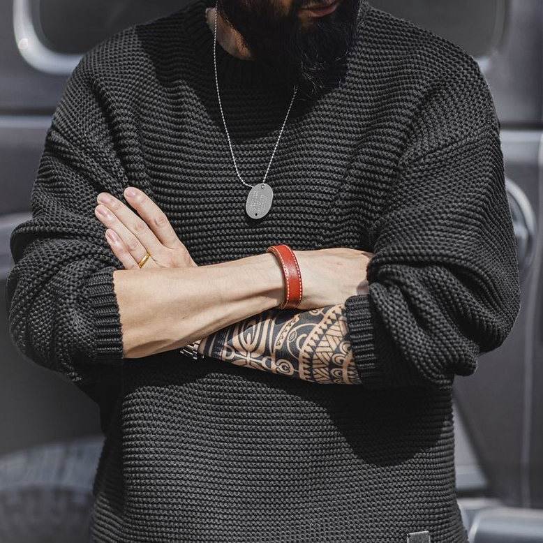 馬登工裝 美式復古重磅肌理針織毛衣寬鬆落肩圓領套頭打底衫男秋冬