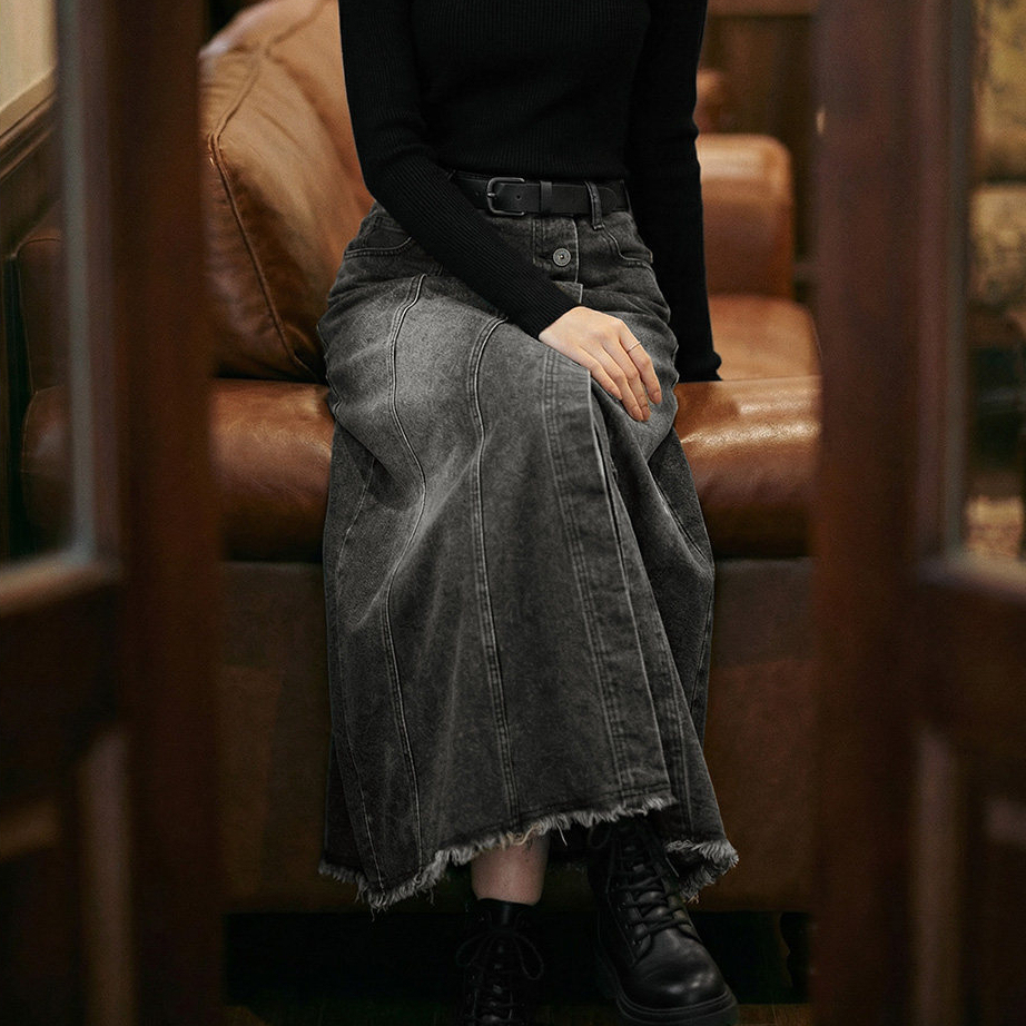 馬登女裝 烟灰色復古開衩牛仔高腰毛邊半身裙顯瘦A字傘中長裙子春