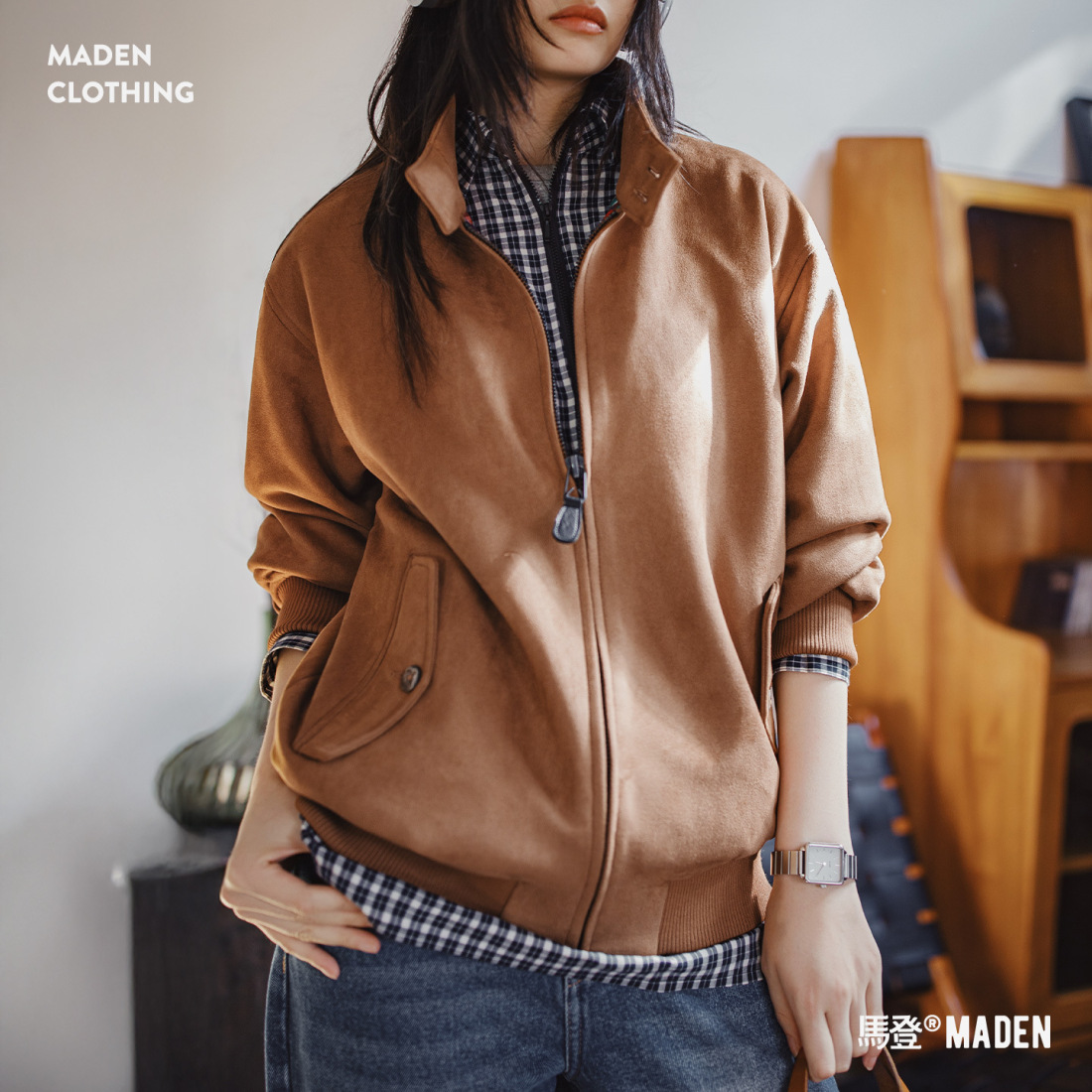 馬登女裝 美拉德復古麂皮絨面寬鬆肌理感外套立領哈靈頓夾克女士秋冬
