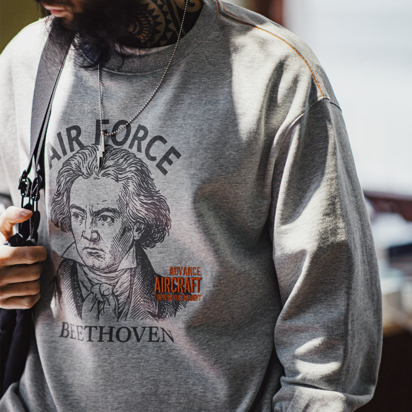 馬登工裝 美式灰色卷邊全純棉衛衣寬鬆套頭印花刺繡長袖上衣男款春