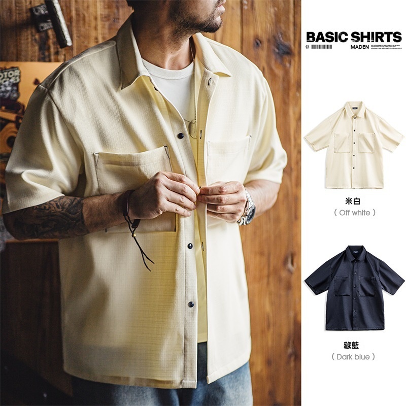 馬登工裝 美式休閒Oversize垂感免燙襯衫肌理感短袖襯衣