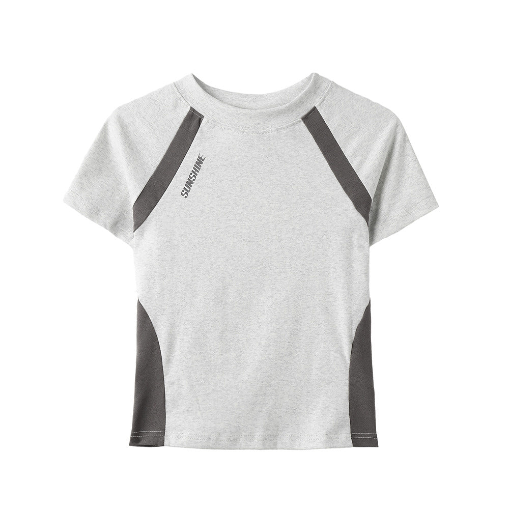 美式拼色正肩短袖T恤女夏季修身設計感小眾辣妹運動短款上衣