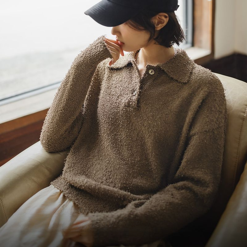 馬登女裝 雅丹風焦糖棕抓絨毛衣摩卡慕斯Polo衫毛茸茸上衣冬女
