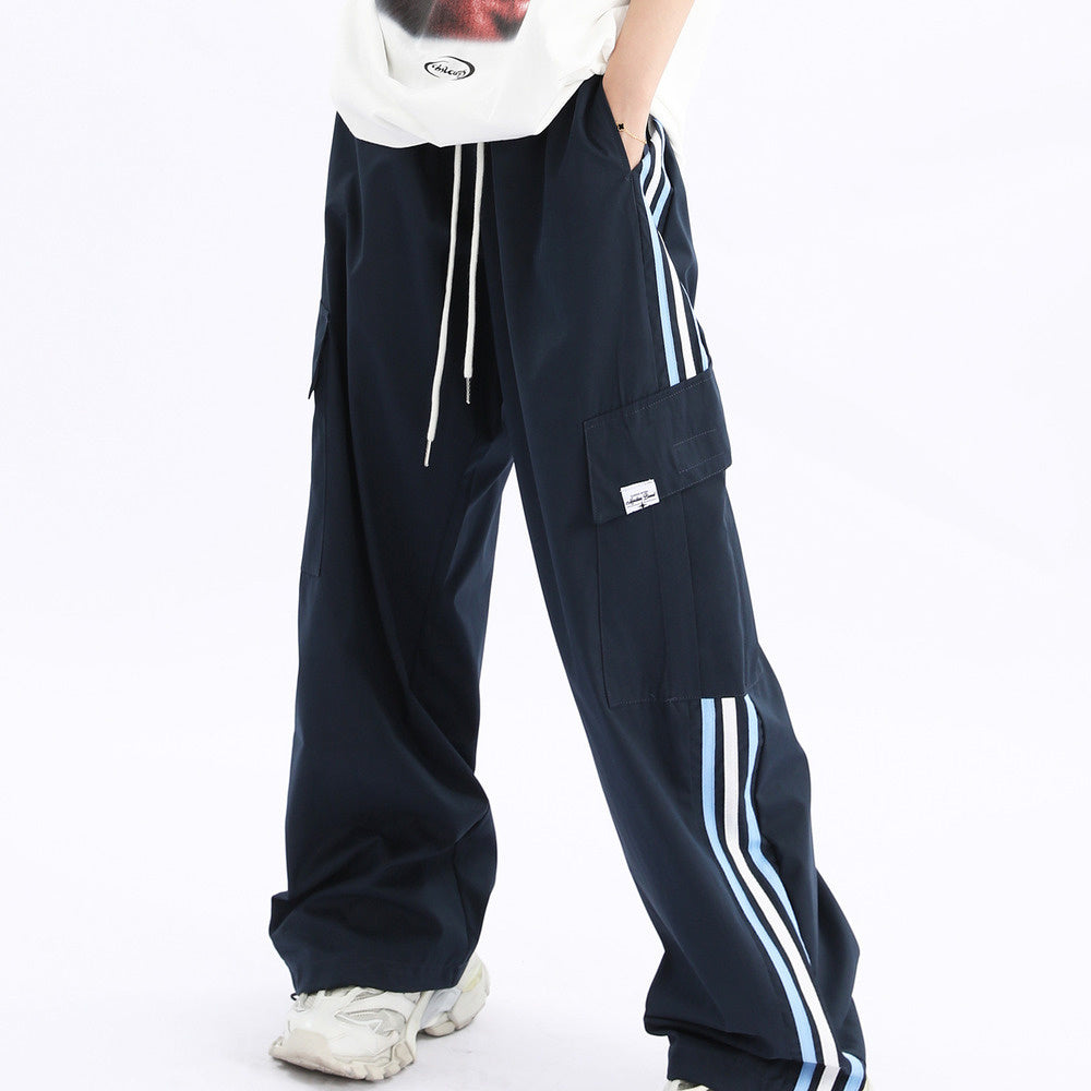 美式復古條紋運動褲垂感街舞褲寬鬆嘻哈hiphop百搭長褲