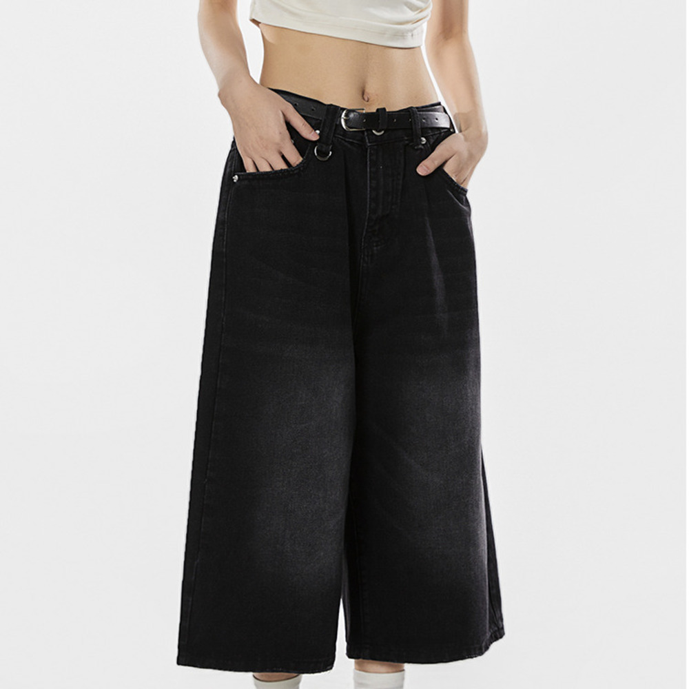 美式復古水洗牛仔中褲女夏季廓形牛仔短褲闊腿七分褲