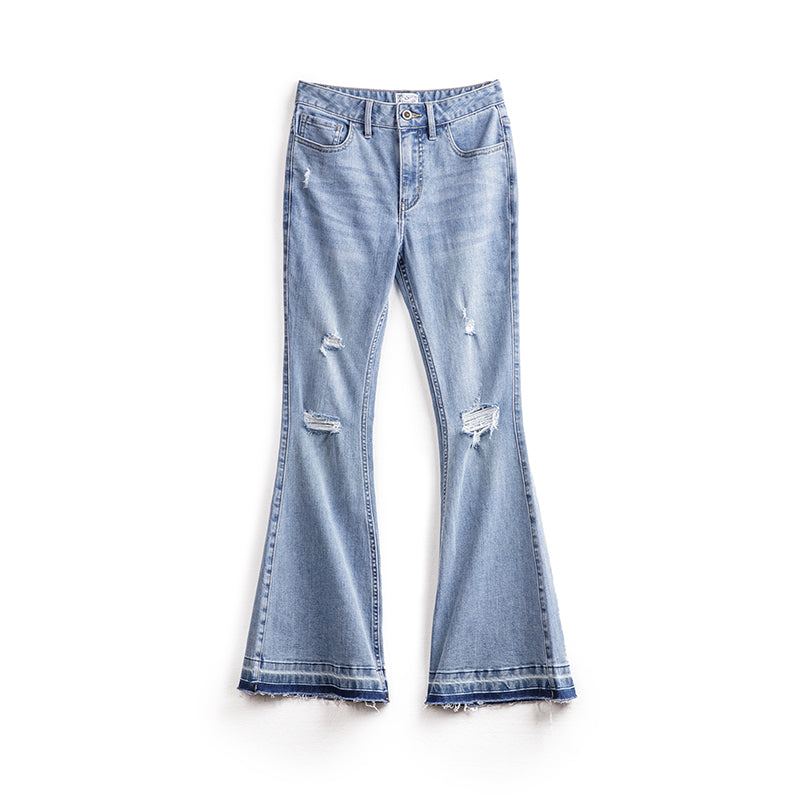 馬登女裝 破洞淺色牛仔褲修身微喇叭褲顯瘦馬蹄褲毛邊長褲