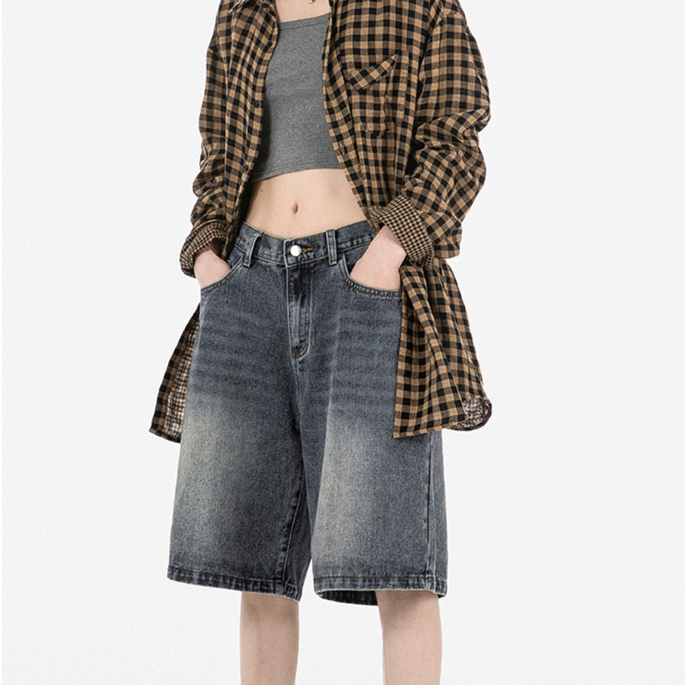 復古做舊水洗牛仔短褲女夏季寬鬆直筒顯瘦五分褲