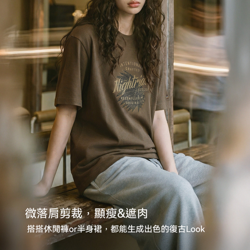 馬登女裝 復古萊賽爾天絲透氣寬鬆手繪印花短袖T恤五分半袖上衣女士夏