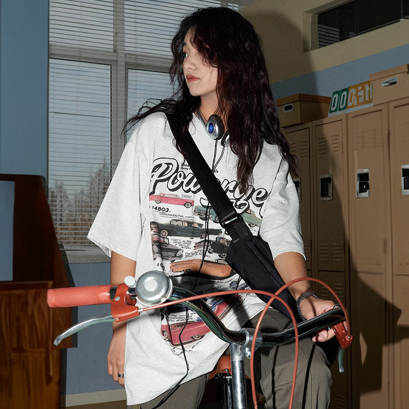 美式復古汽車印花T恤女短袖ins潮設計感小眾夏季純棉半袖上衣