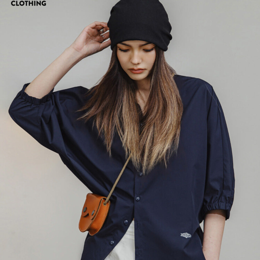 馬登女裝 美式襯衫七分袖寬鬆上衣蝙蝠袖休閒透氣立領外套可疊穿夏季女