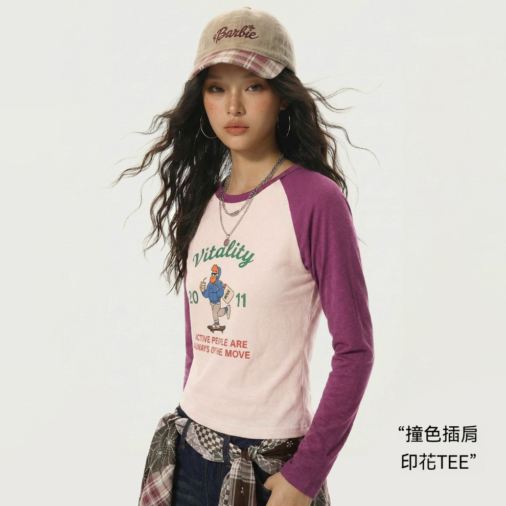 馬登女裝 美式萊賽爾撞色修身顯瘦印花長袖T恤打底衫上衣女春