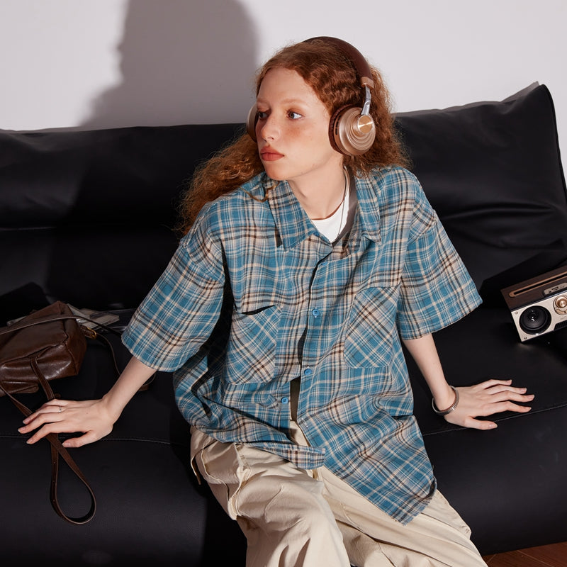 美式復古格子短袖襯衫T恤女夏季寬鬆半袖百搭襯衣潮