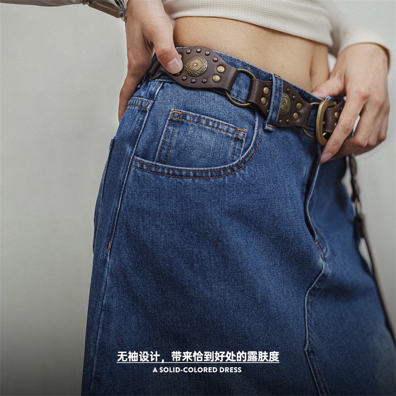 馬登女裝 水洗藍解構牛仔裙遮胯顯瘦A字復古長款半裙設計感半身長裙