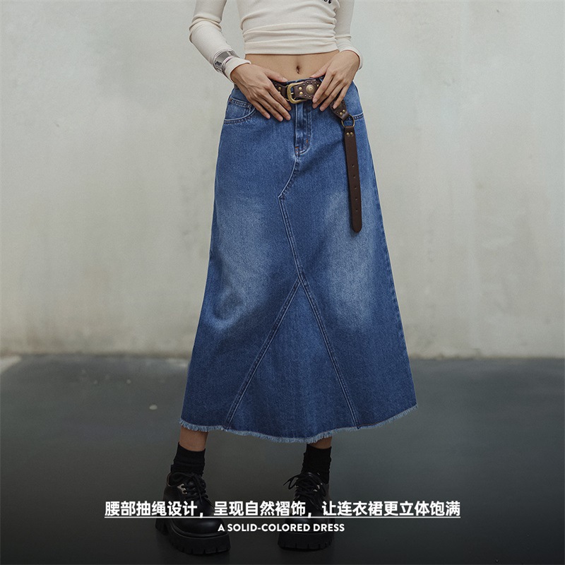 馬登女裝 水洗藍解構牛仔裙遮胯顯瘦A字復古長款半裙設計感半身長裙