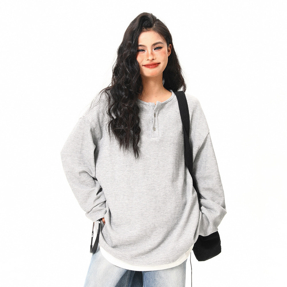 美式復古高級感假兩件長袖打底衫女秋季百搭潮流設計感上衣