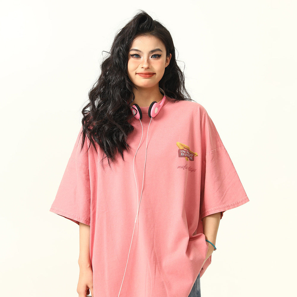 美式復古水洗做舊街頭風景印花短袖T恤寬鬆百搭情侶上衣