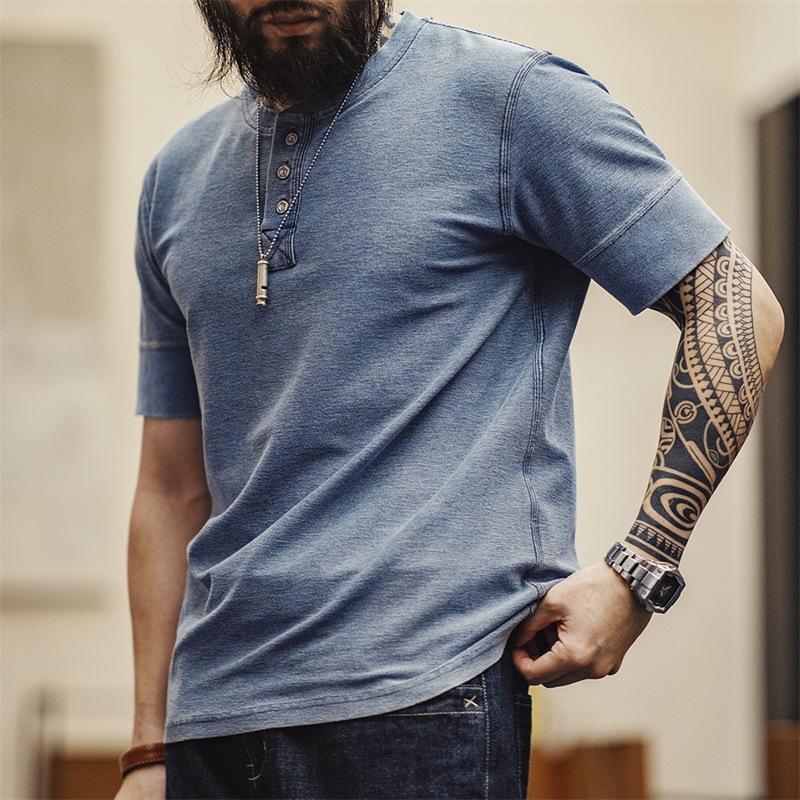 馬登工裝 美式復古OG針織牛仔亨利衫阿美咔嘰做舊硬漢短袖T恤男春夏